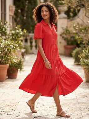 MSK Button-Front Tiered Maxi Dress in Red